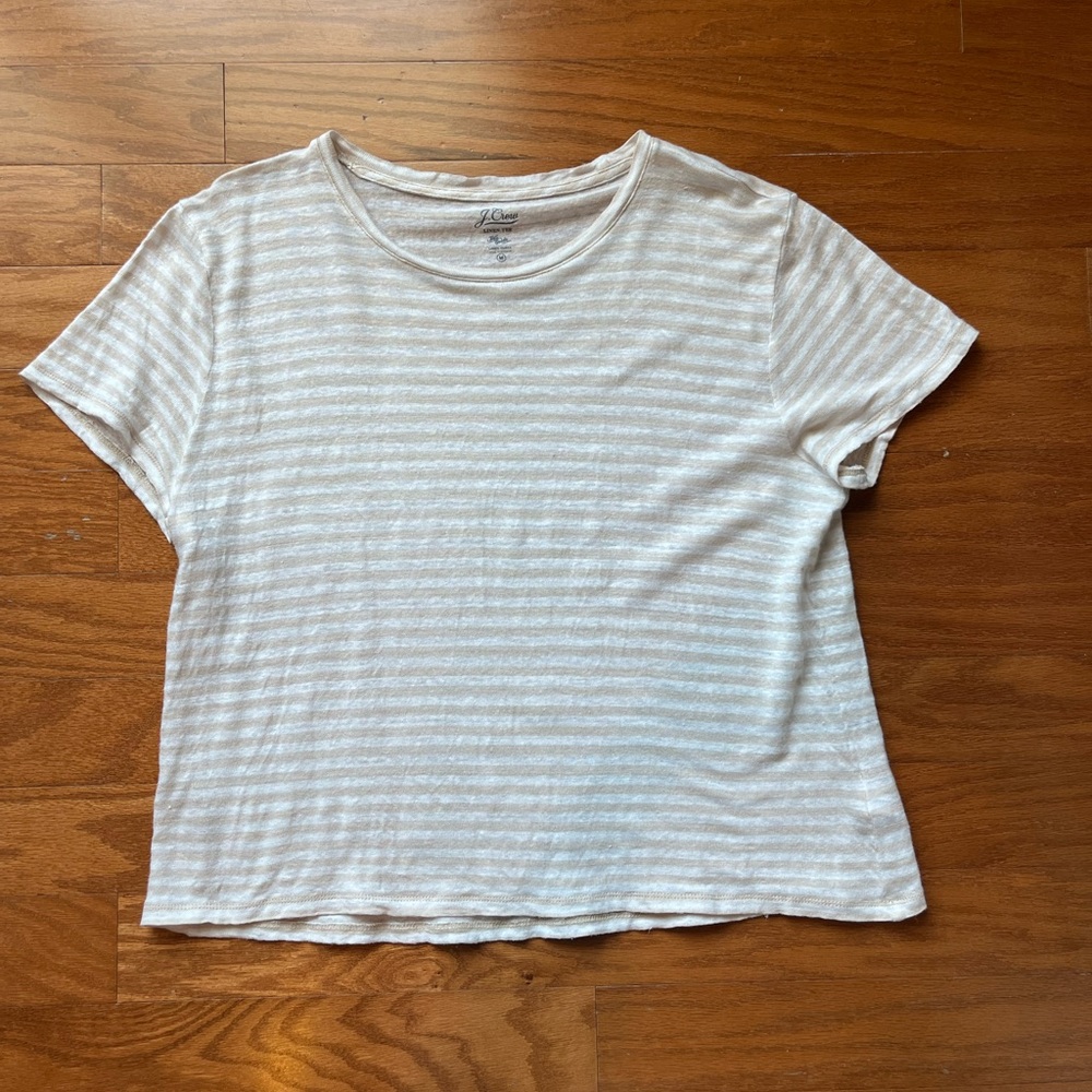 J. Crew White and Tan Striped Short Sleeve Linen Tee